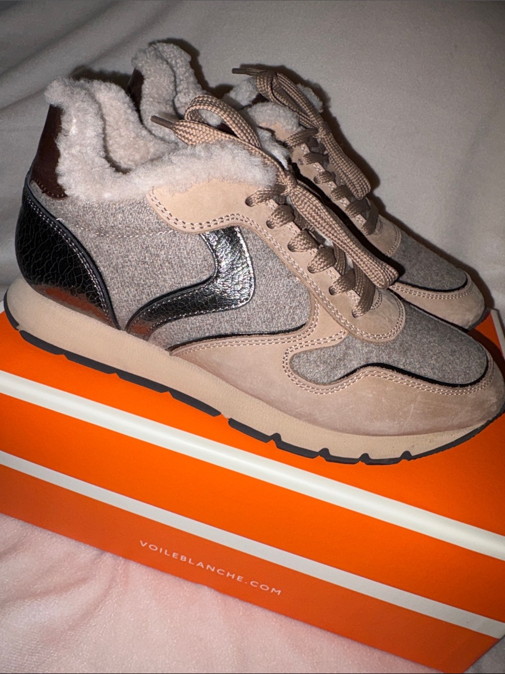NWT VOILE BLANCHE JULIA Fur Leather And Fabric Sneakers in Beige - Picture 9 of 14